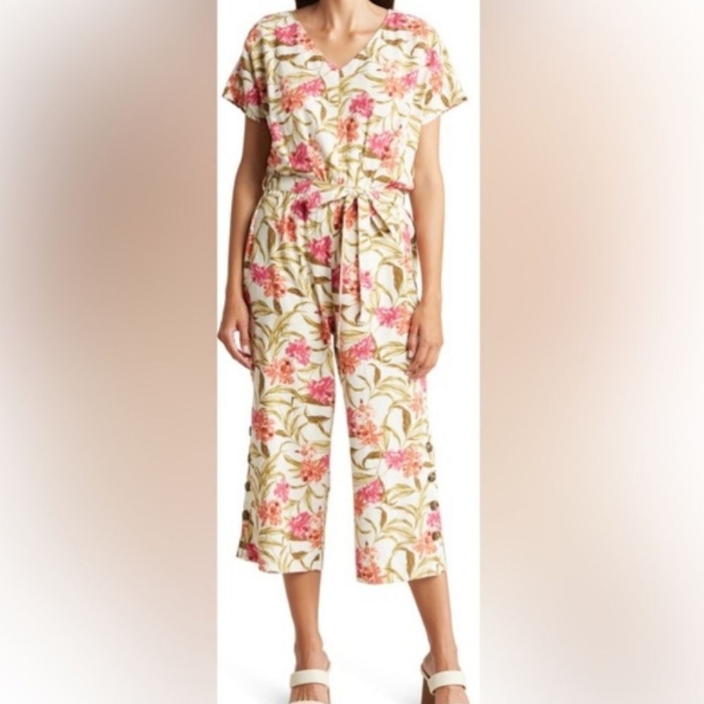 Kensie Linen Blend Floral Cropped Wide Leg Jumpsuit. Boho. Beachy. Linen